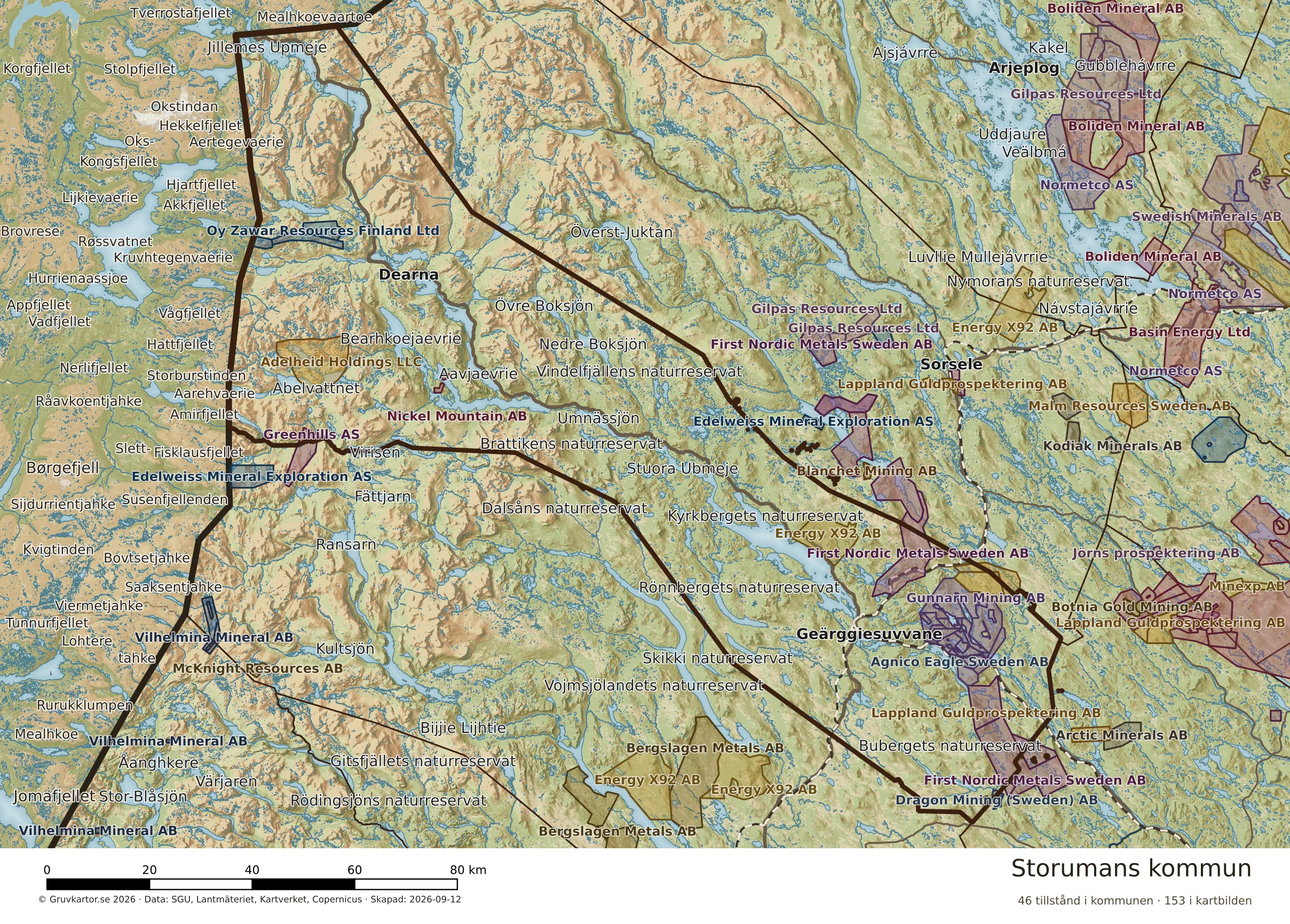 Karta över mineraltillstånd i Storumans kommun