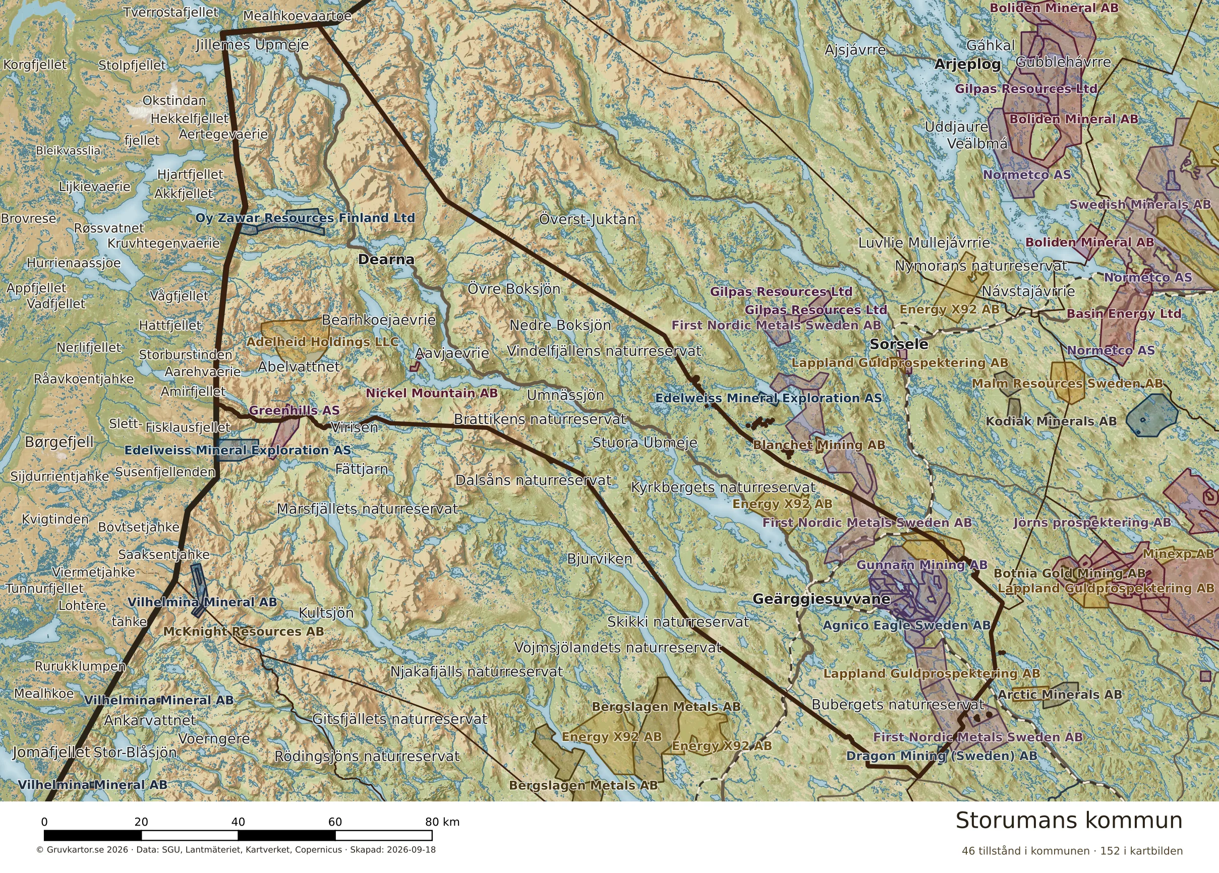 Karta över mineraltillstånd i Storumans kommun