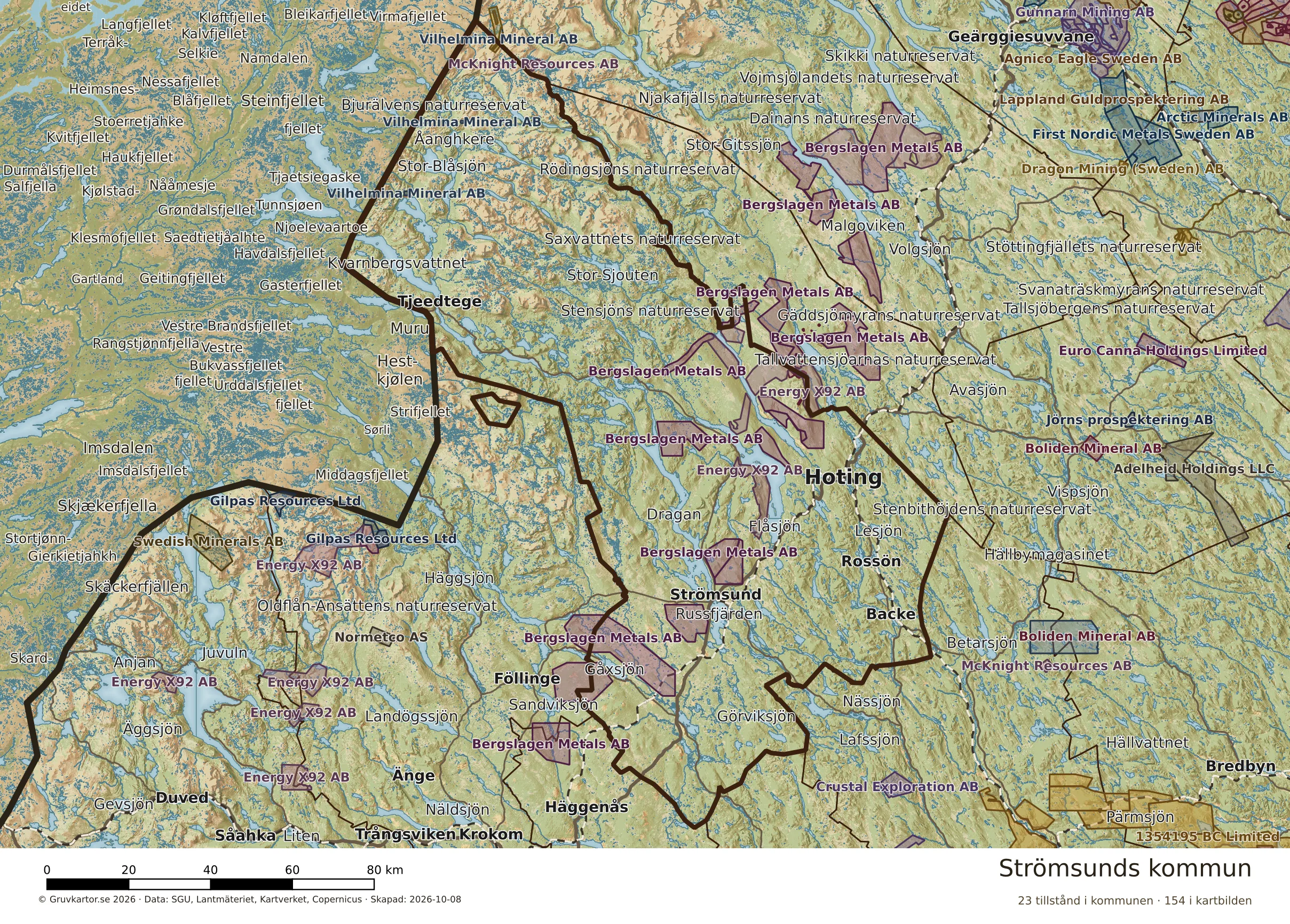 Karta över mineraltillstånd i Strömsunds kommun