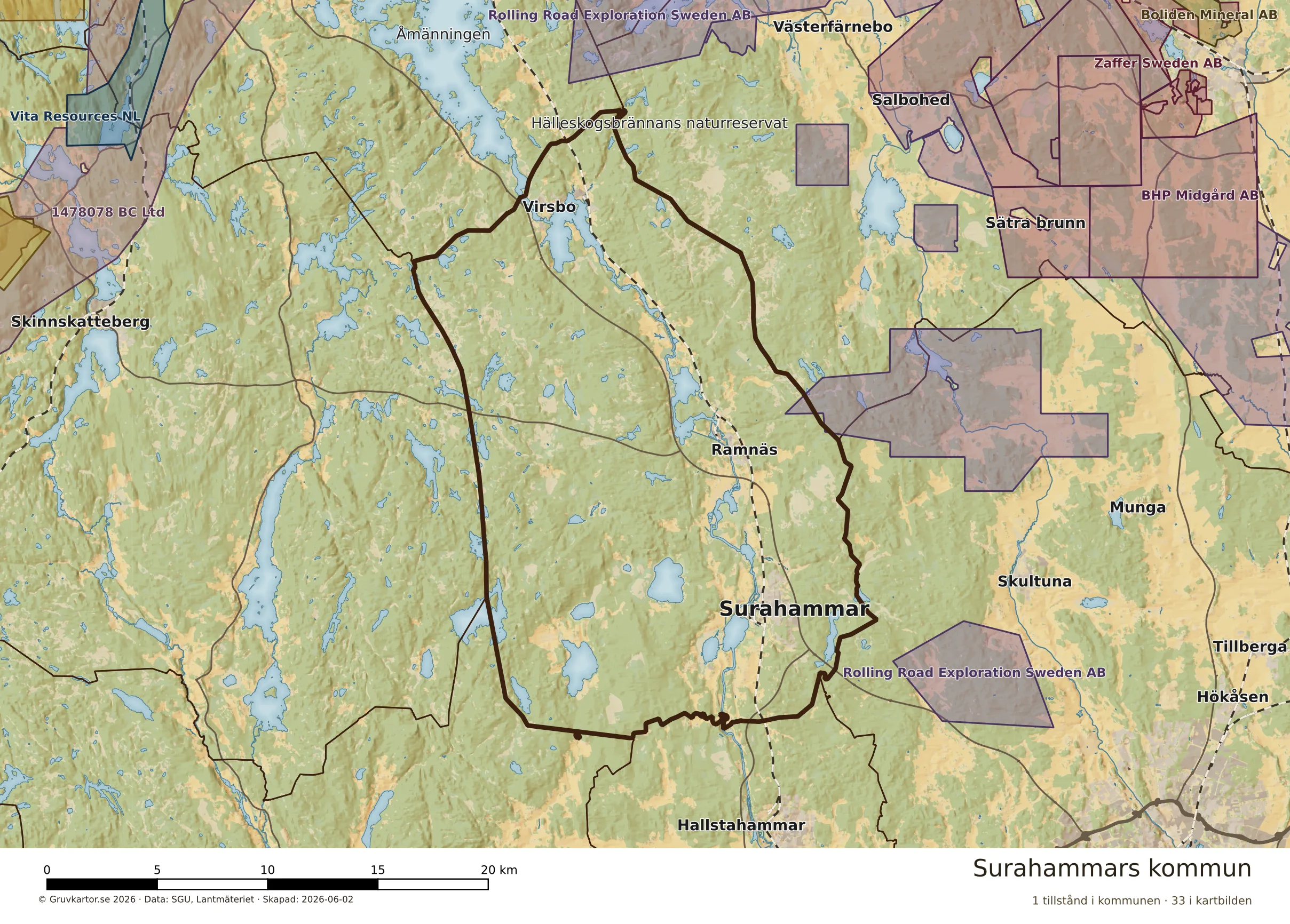 Karta över mineraltillstånd i Surahammars kommun
