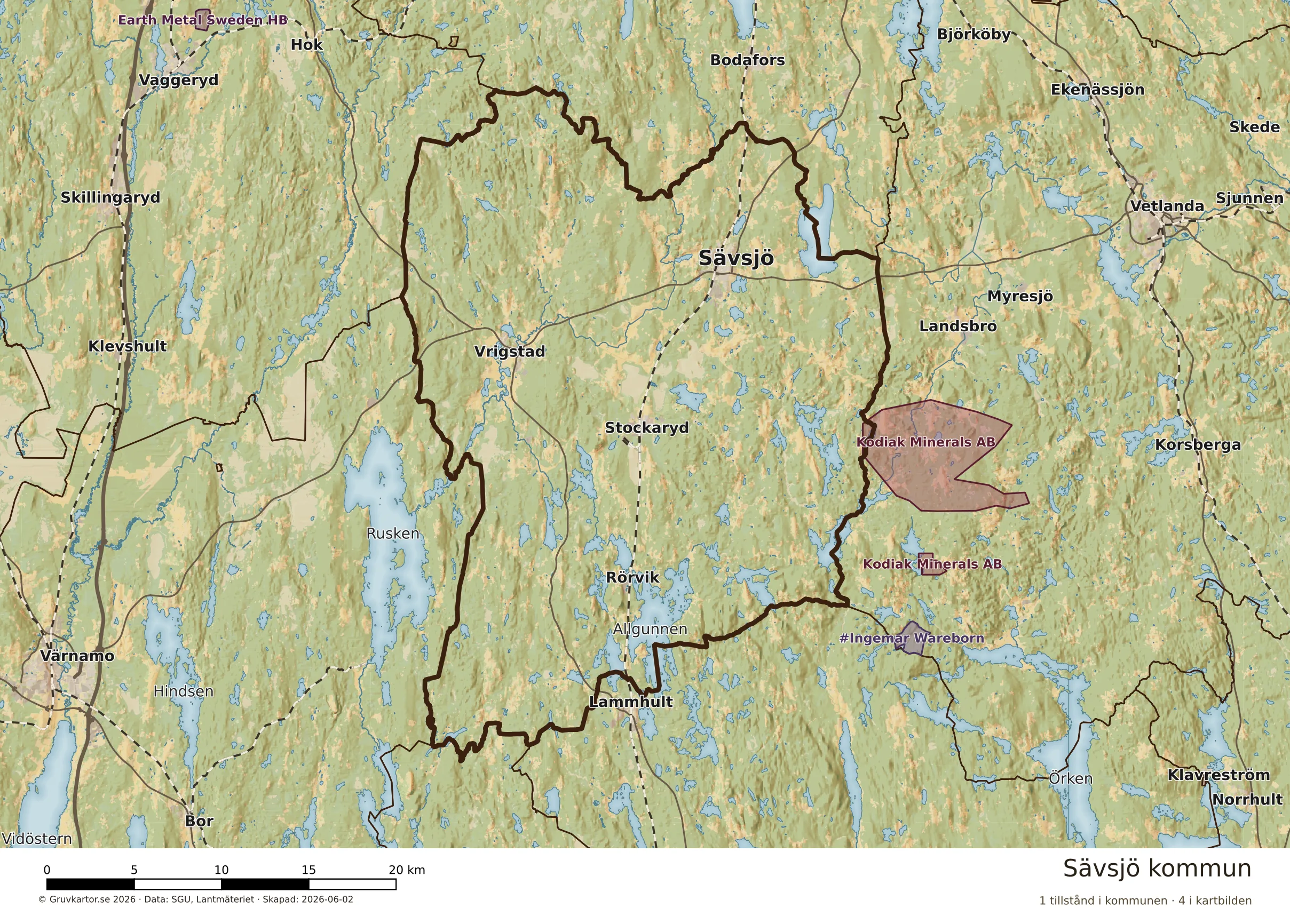 Karta över mineraltillstånd i Sävsjö kommun