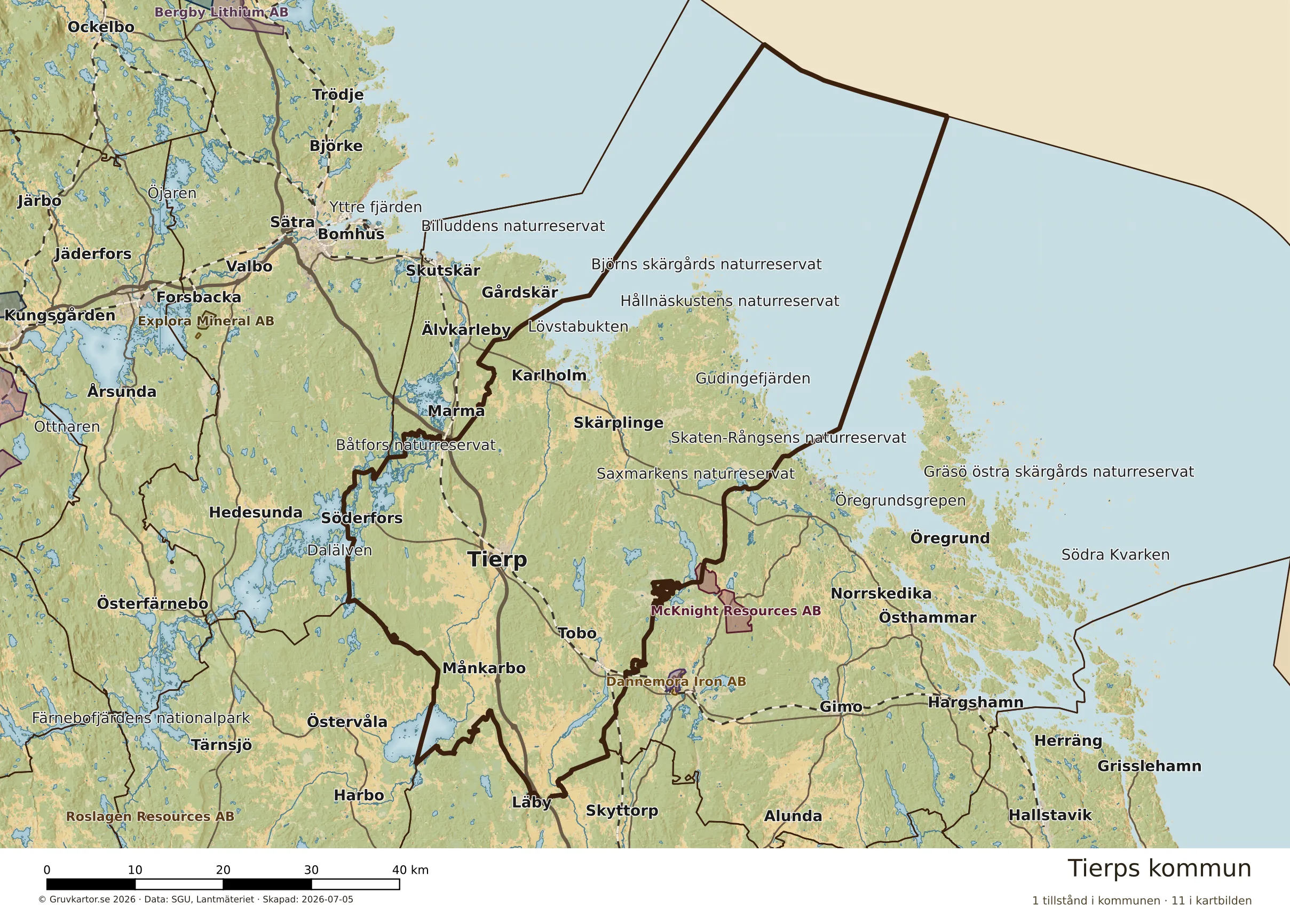 Karta över mineraltillstånd i Tierps kommun