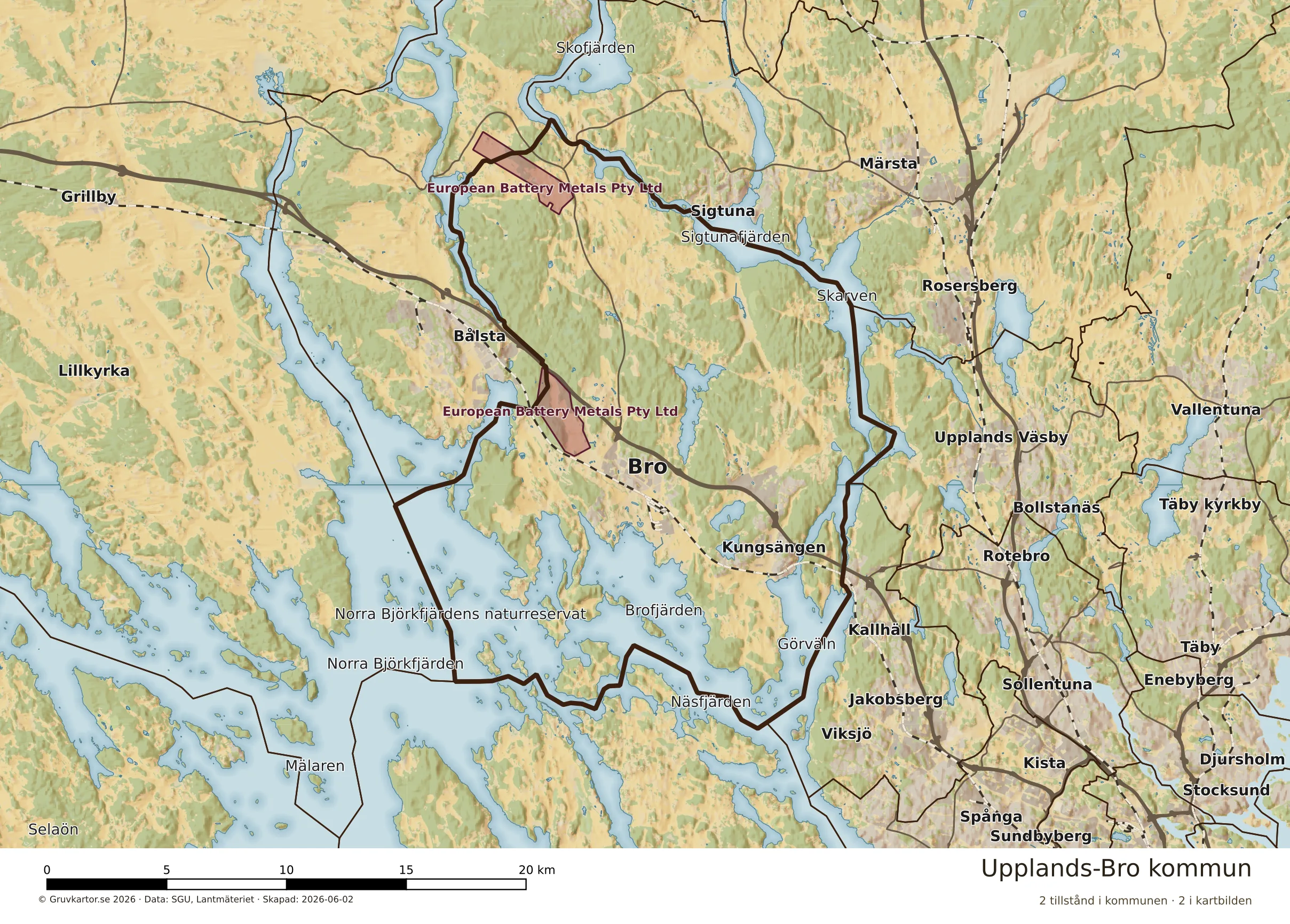 Karta över mineraltillstånd i Upplands-Bro kommun