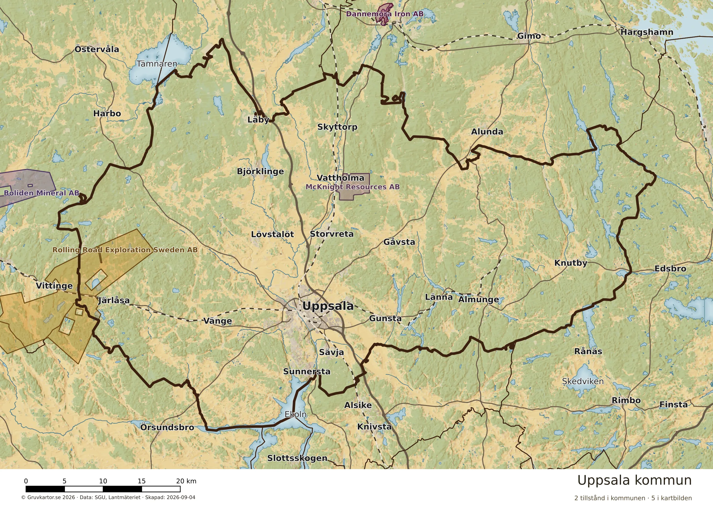 Karta över mineraltillstånd i Uppsala kommun
