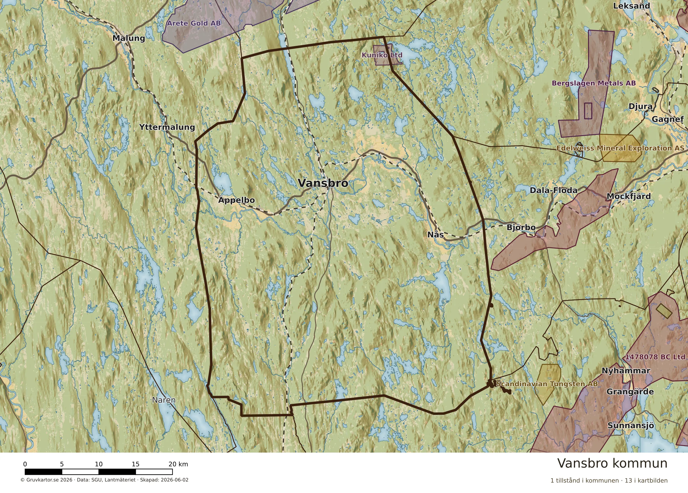 Karta över mineraltillstånd i Vansbro kommun