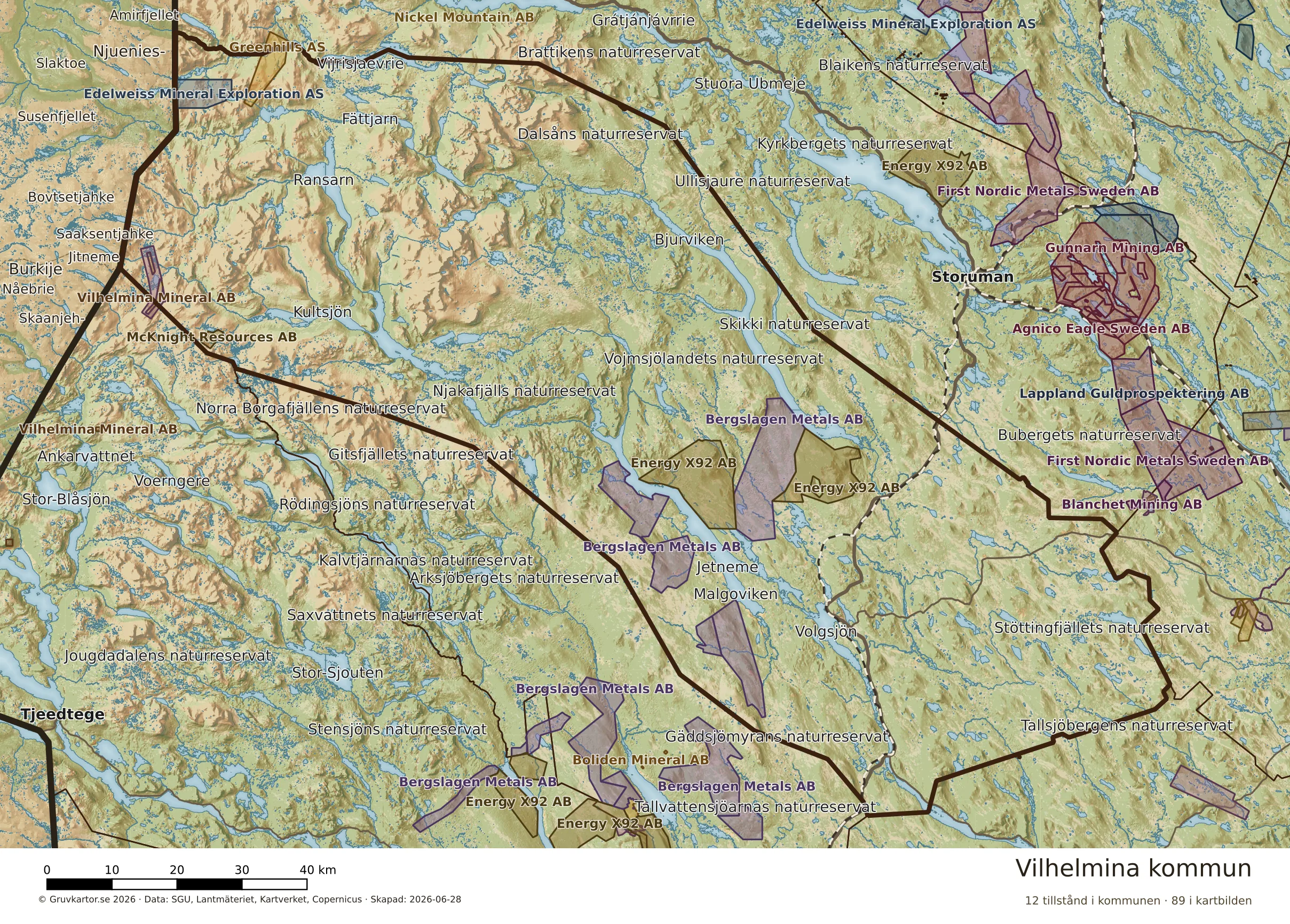Karta över mineraltillstånd i Vilhelmina kommun