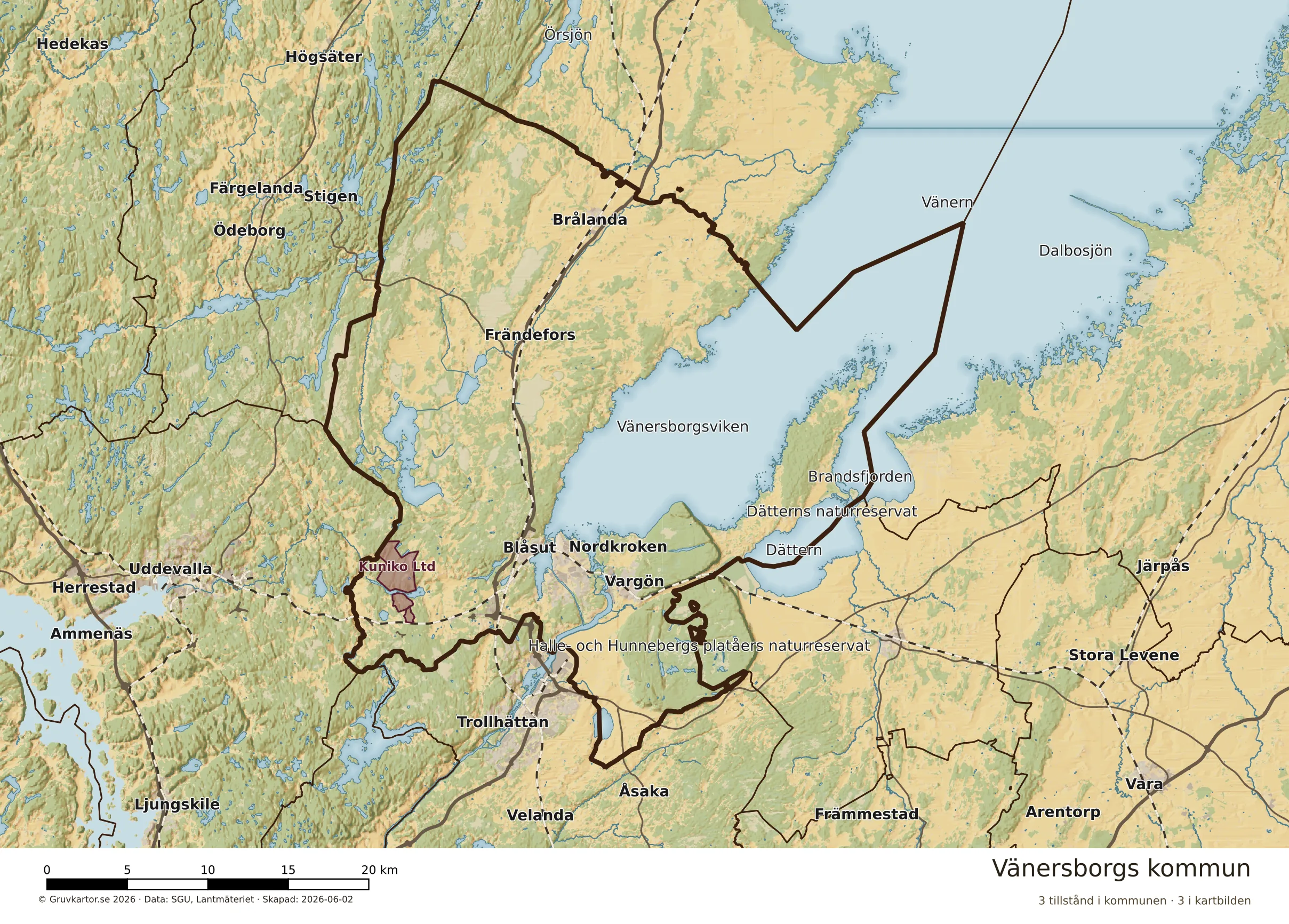 Karta över mineraltillstånd i Vänersborgs kommun