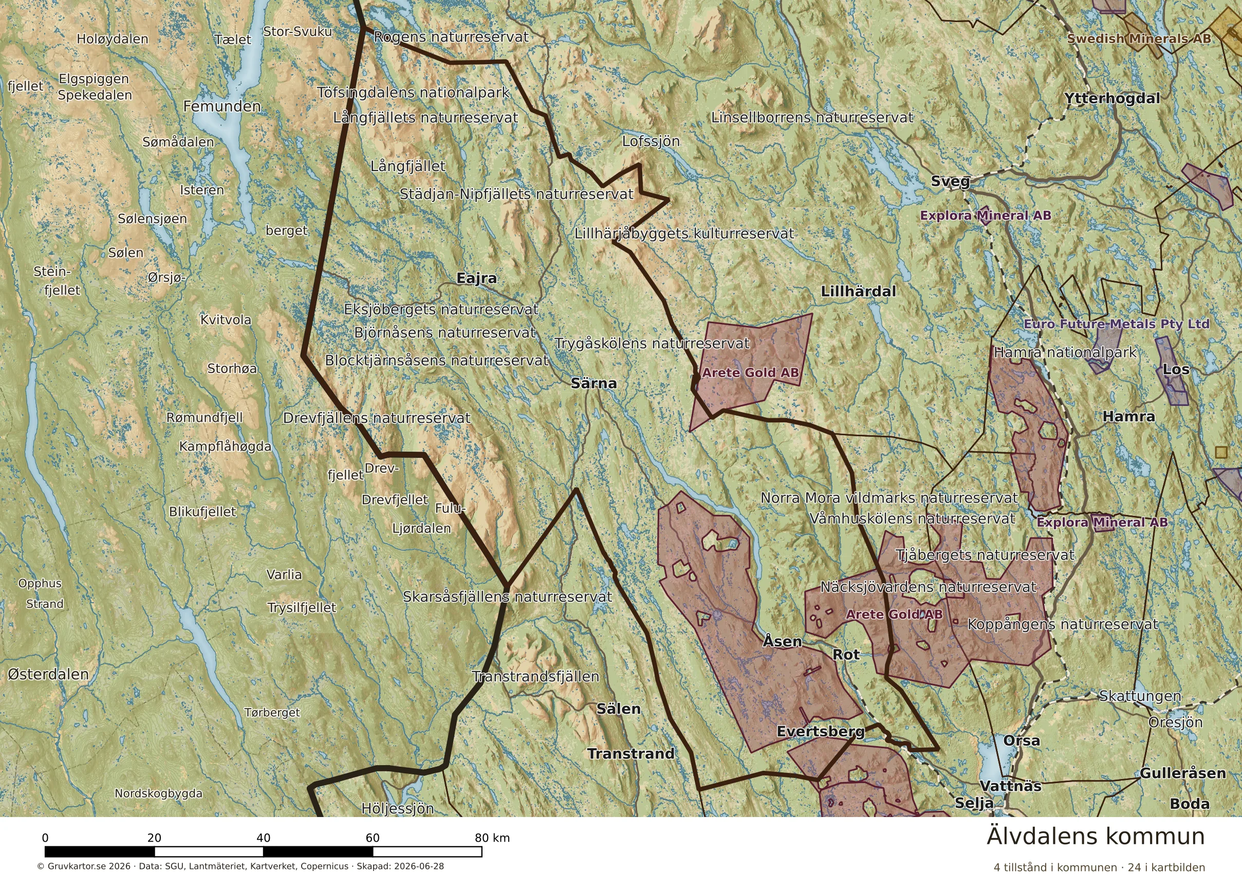 Karta över mineraltillstånd i Älvdalens kommun
